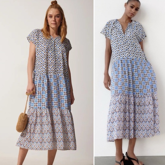 ZARA Dress Womens XL Brown Blue Patchwork Tiered Long Flowy Bohemian Cotton NWT - Picture 13 of 13